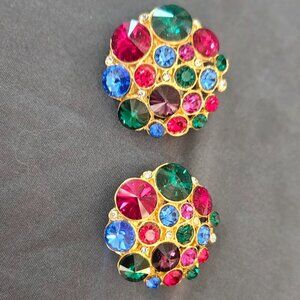 VTG Multi-Jewel Tone Colors Clip-On Earrings Bright Gold Metal Paddle Style